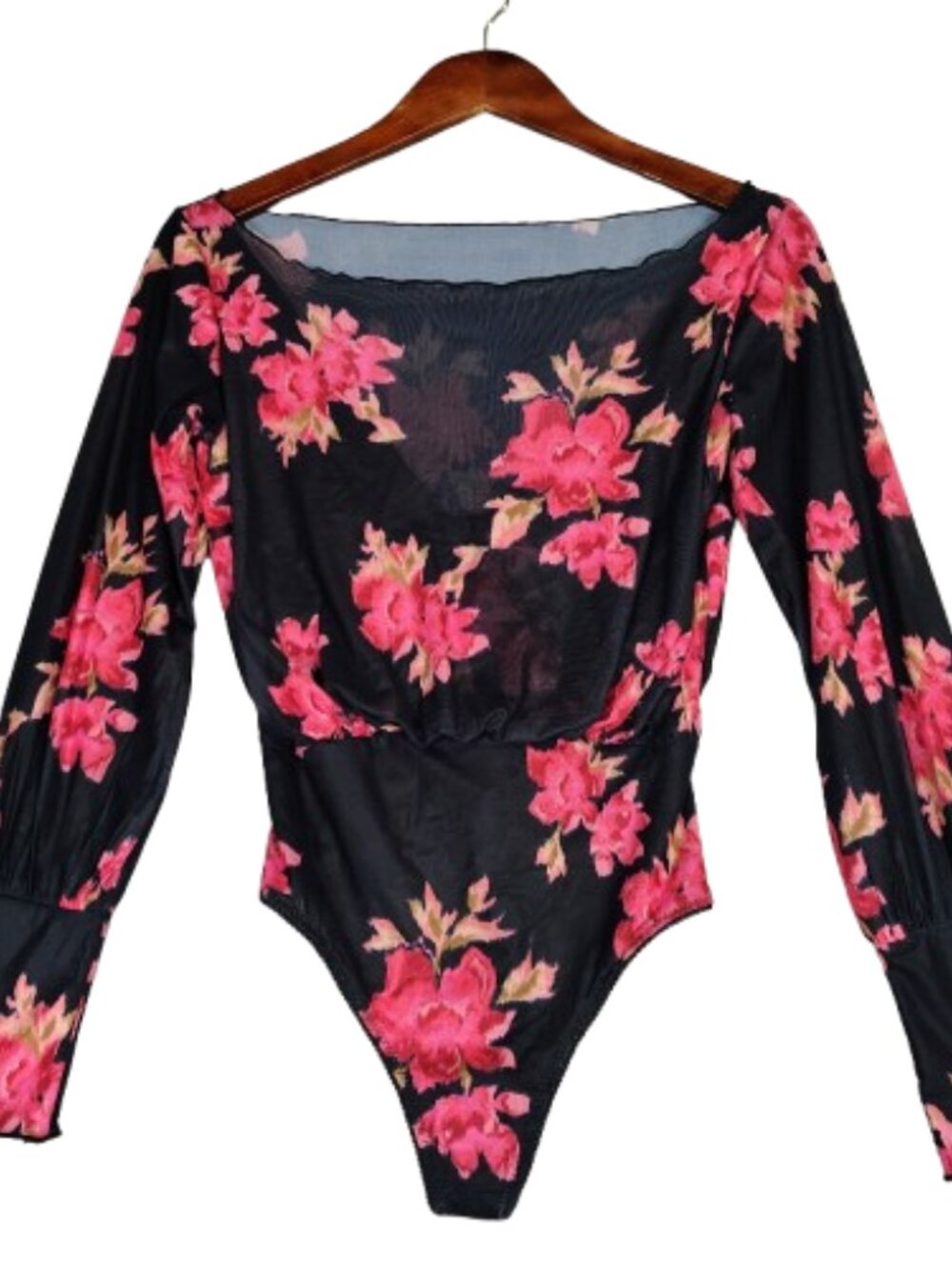 Free People Bodysuit Women's XS Black Pink Floral Off-Shoulder Boho Top NWOT